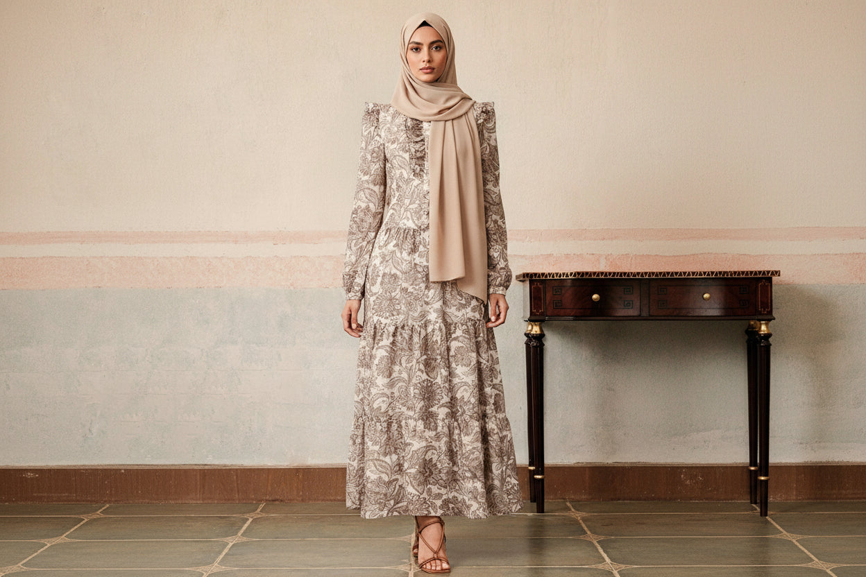 Woman wearing a long floral dress in an elegant indoor setting