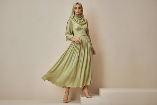 Woman wearing a light green dress against a plain background