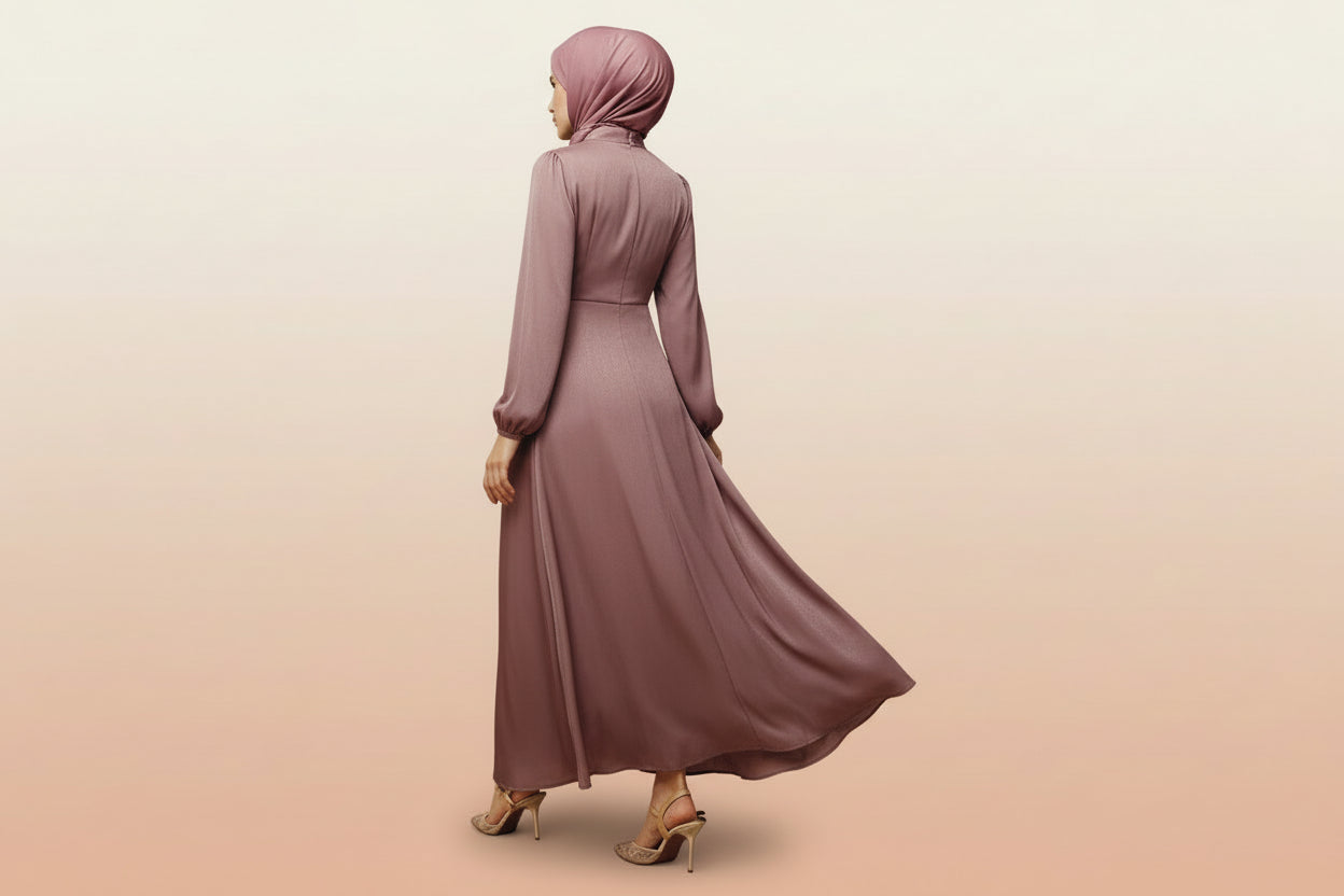 Woman wearing a long, flowing dress in a neutral setting