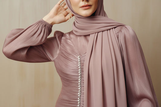 Close-up of a person wearing a mauve dress with long sleeves and pearl details on a neutral background