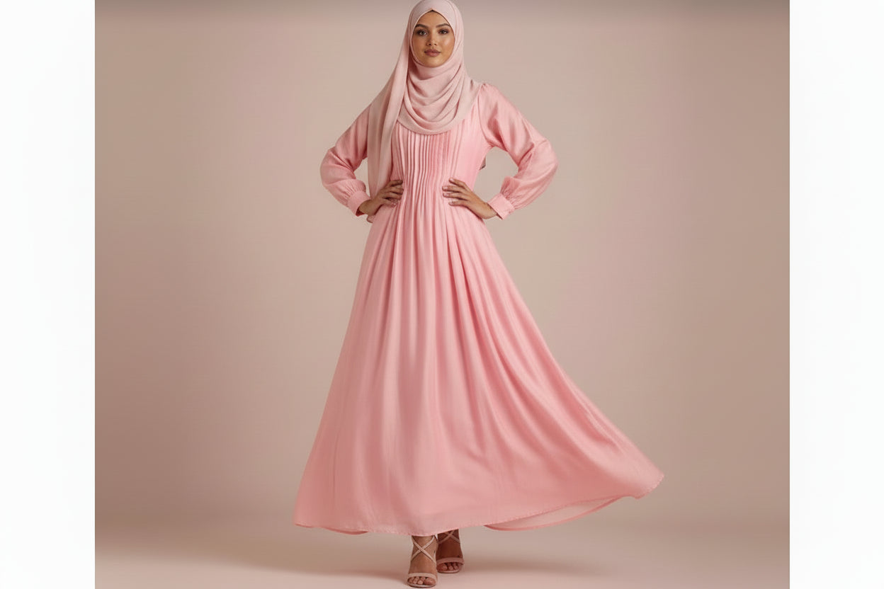 Woman wearing a pink dress against a beige background