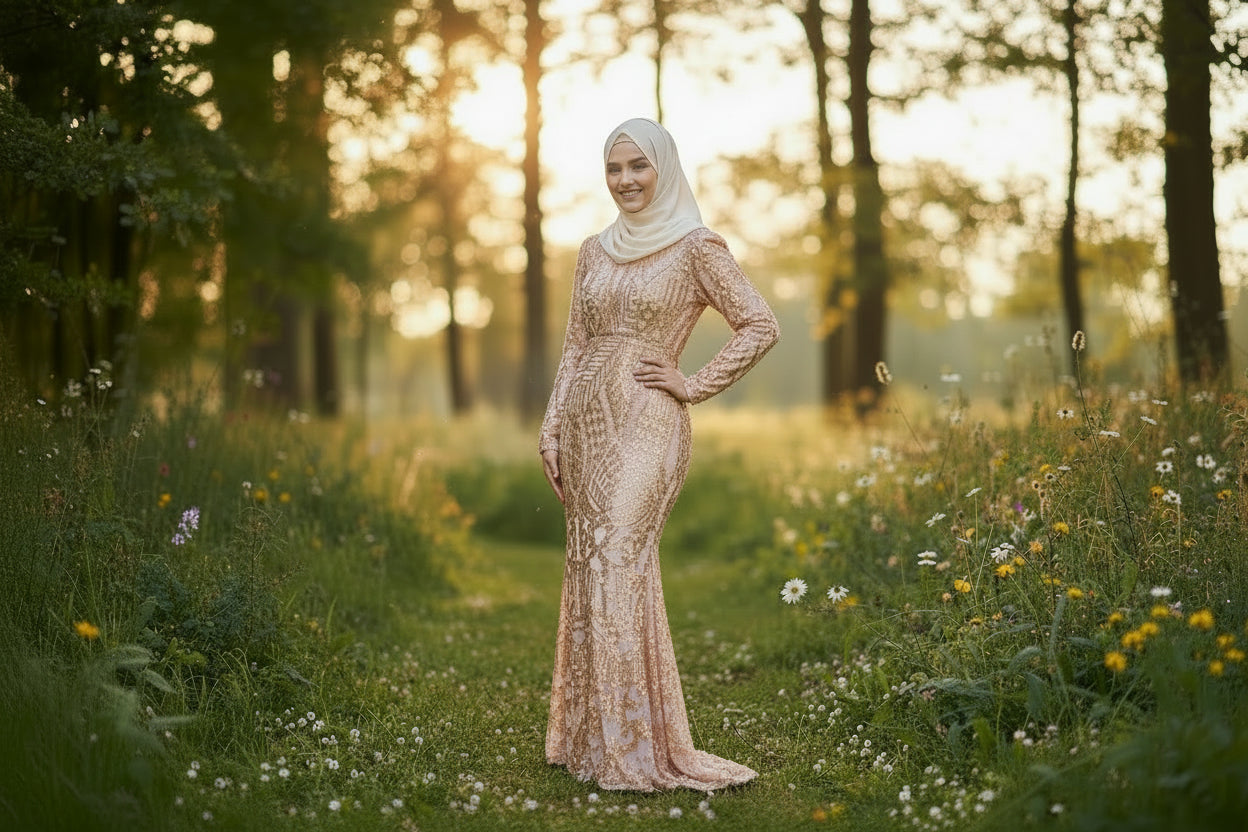 Woman wearing a long-sleeved champagne gold sequin modest gown posing in a sunlit outdoor garden setting.