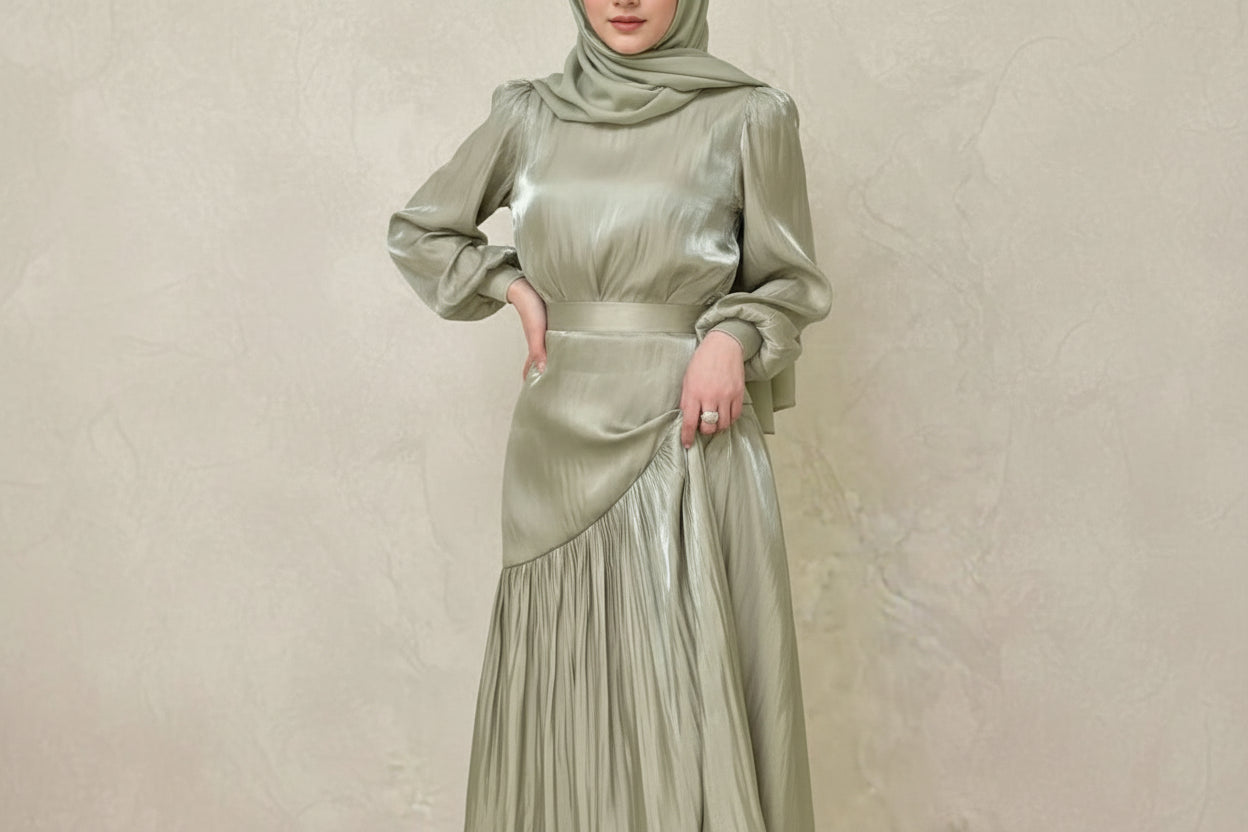 Person wearing a long, light green dress with a plain background