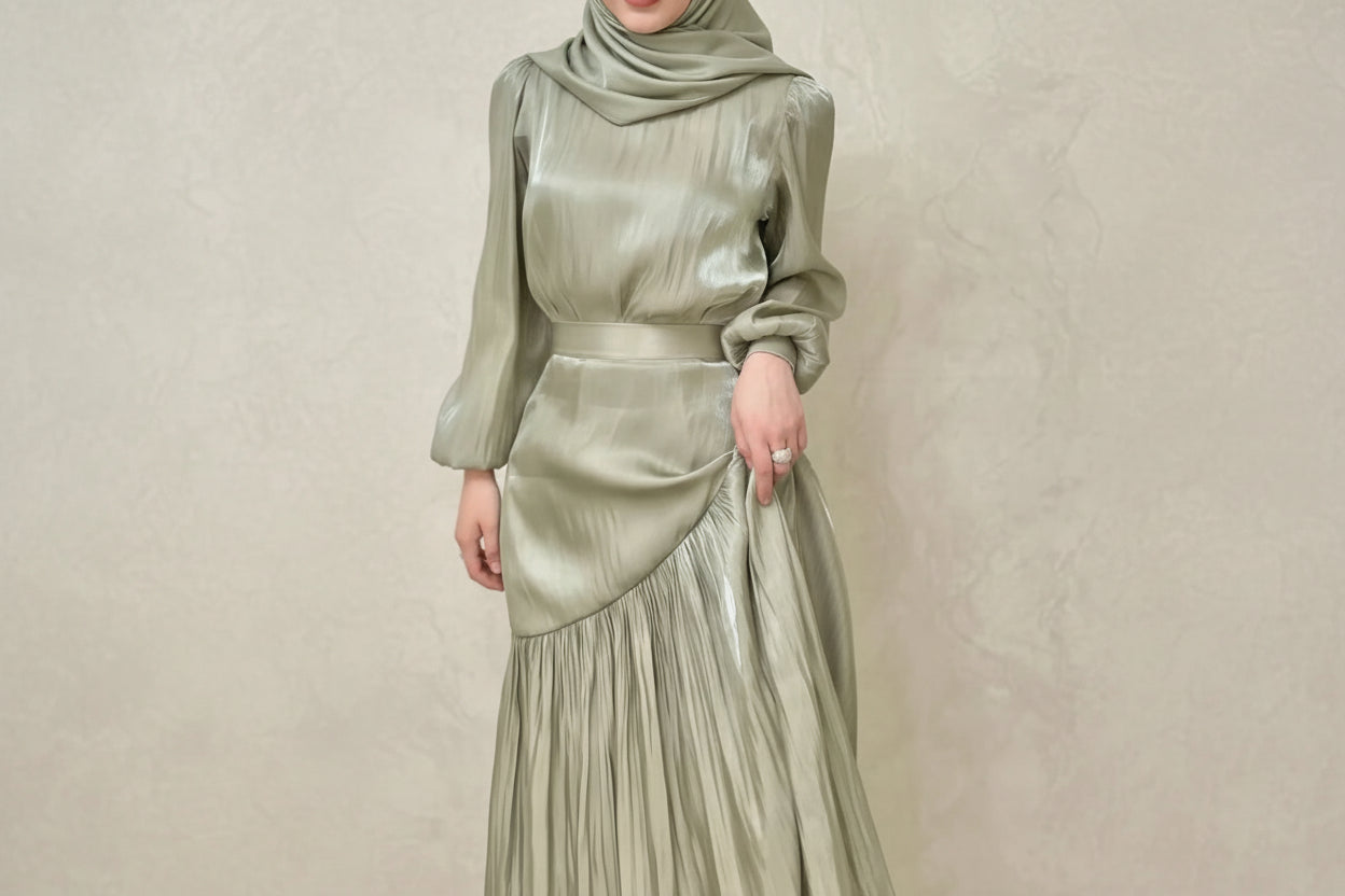 Person wearing a light green metallic dress against a plain background