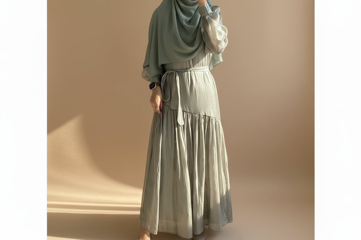 Person wearing a long, light-colored dress standing in front of a white curtain.