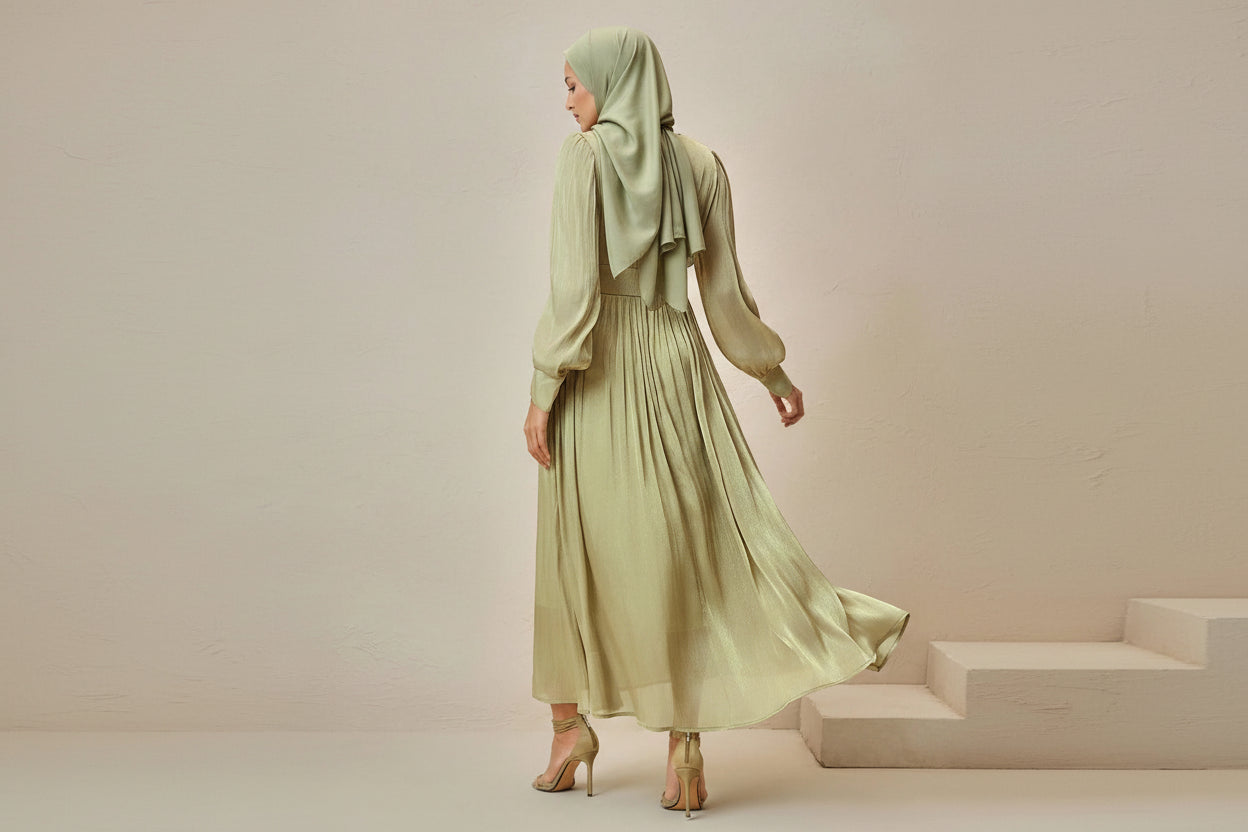 Woman wearing a light green dress with long sleeves on a neutral background