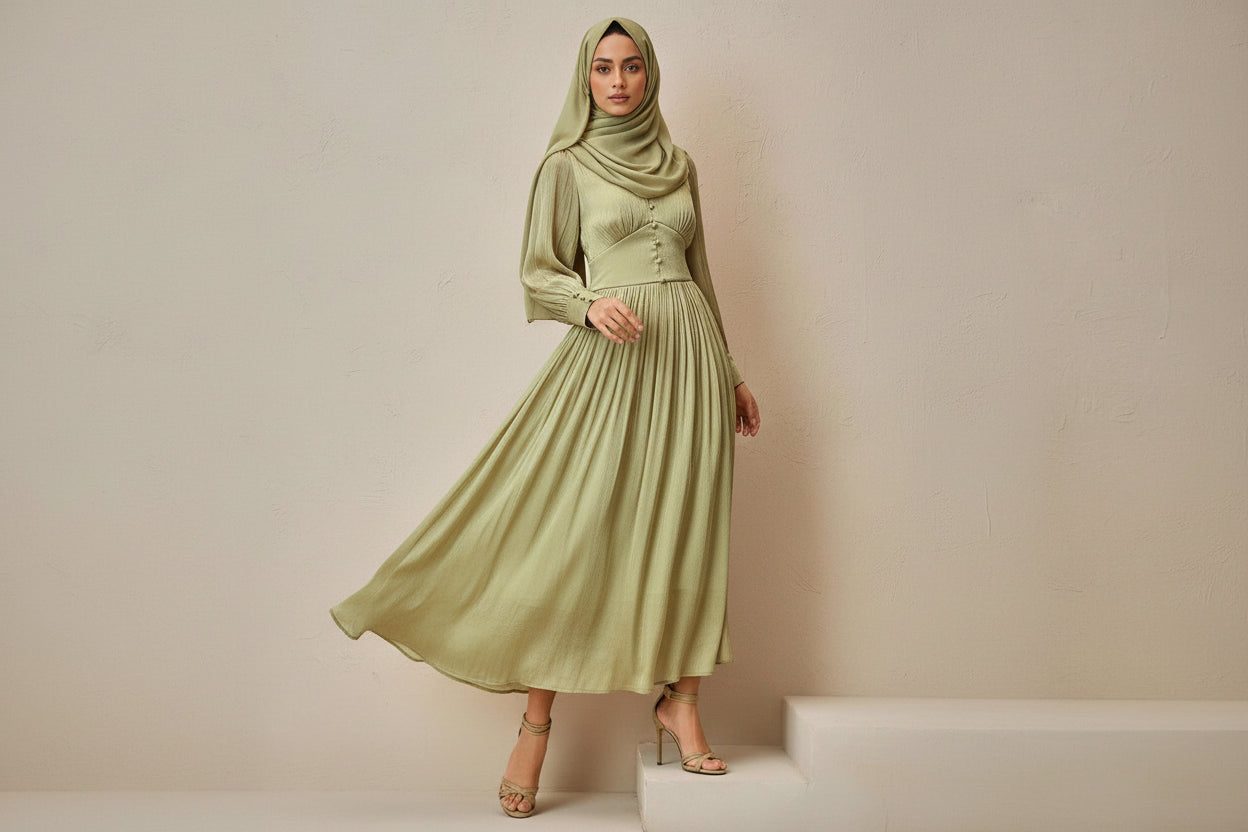 Woman wearing a light green dress against a plain background