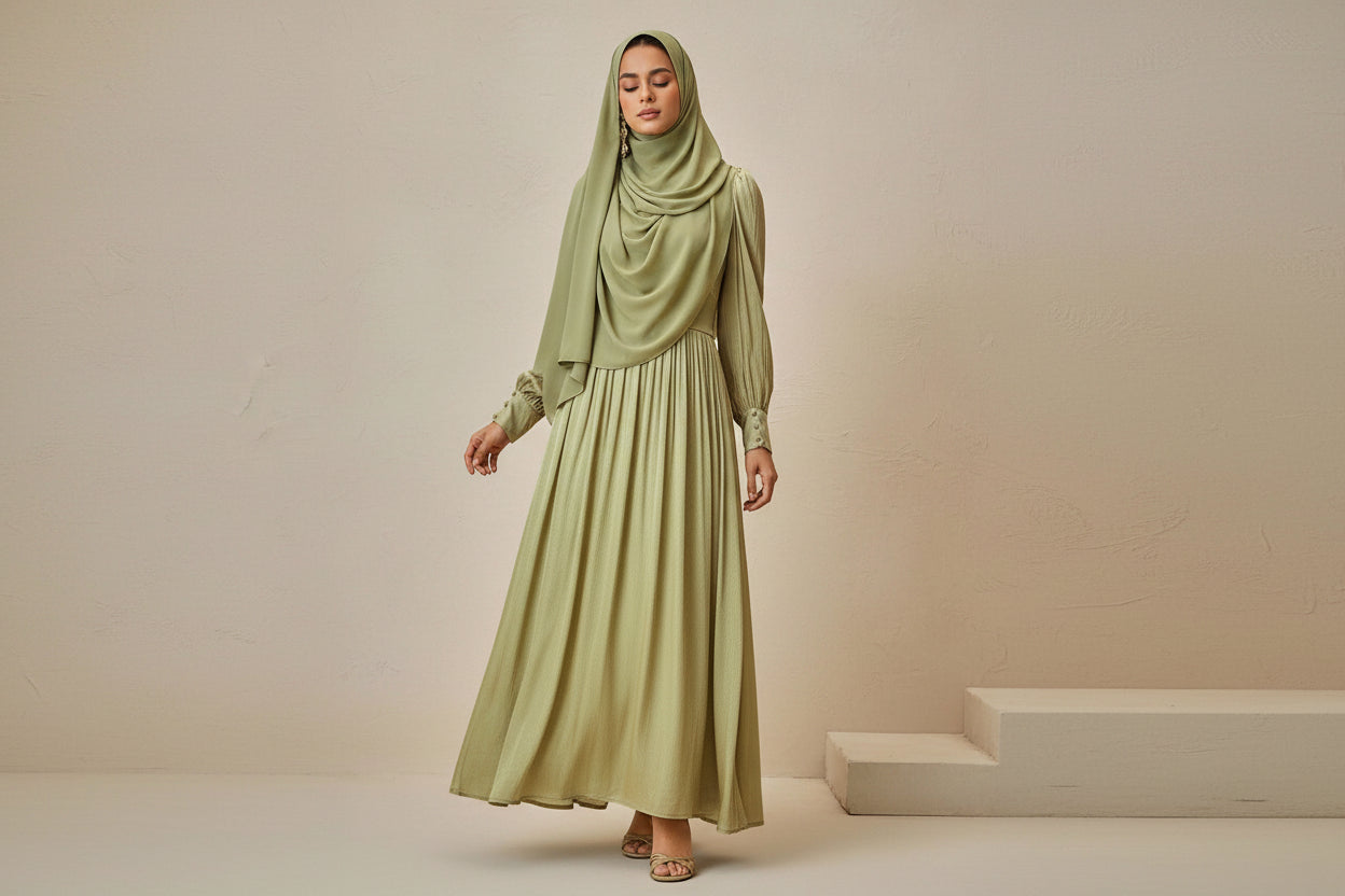 Woman wearing a long green dress with a neutral background