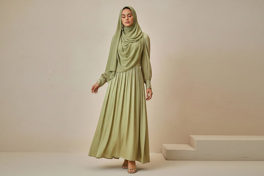 Woman wearing a long green dress with a neutral background