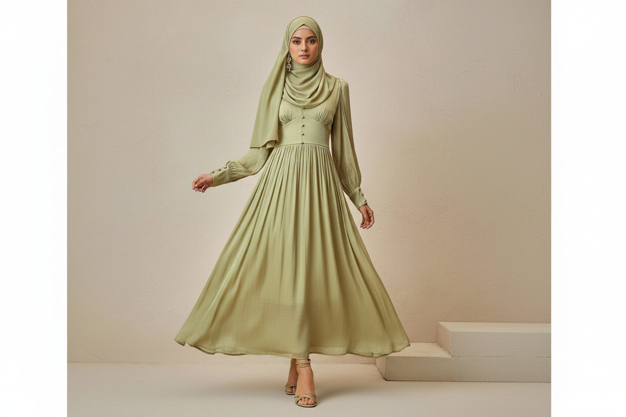 Woman wearing a light green dress with long sleeves on a neutral background