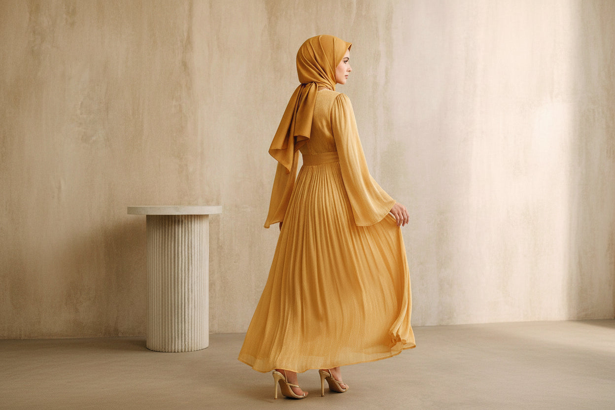 Woman wearing a long mustard yellow dress against a neutral background