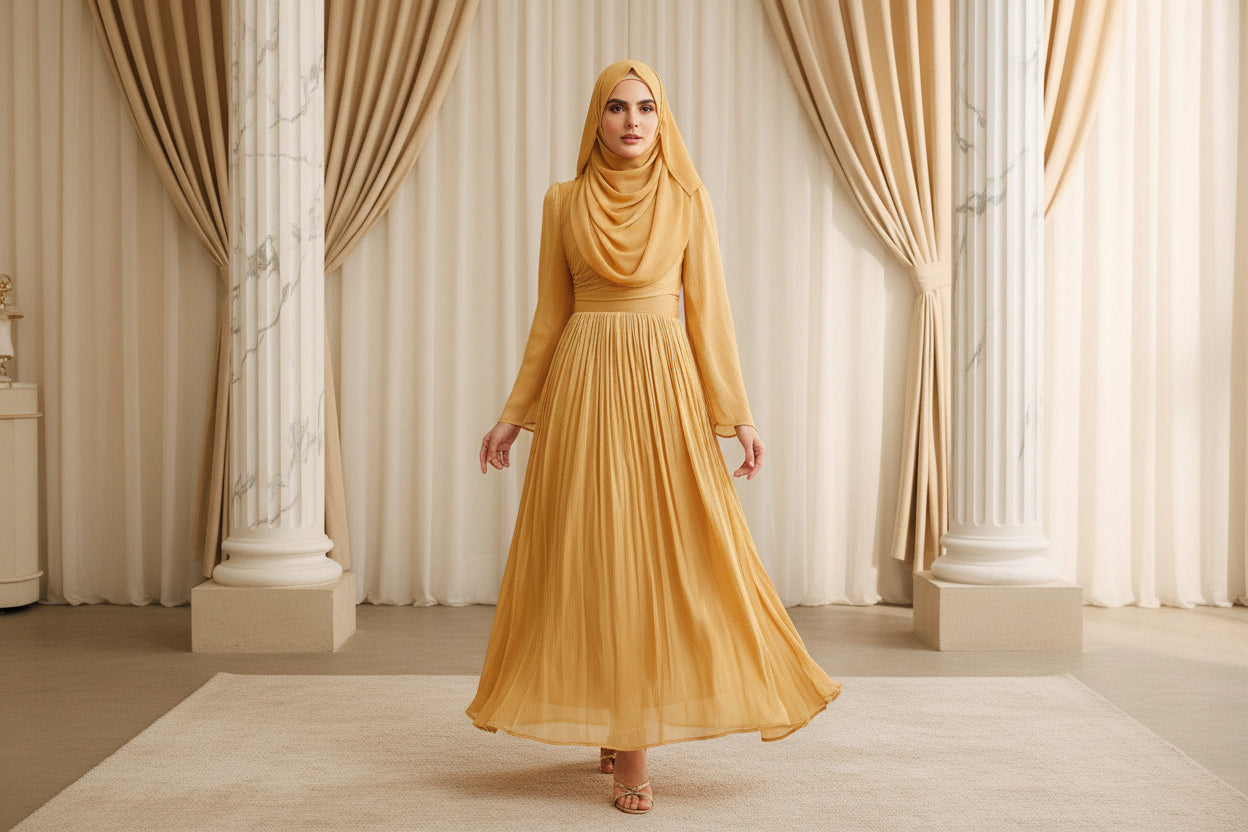 Woman wearing a long, flowing yellow dress against a neutral background