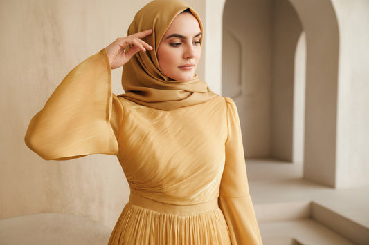 Woman wearing a mustard yellow dress with a plain background