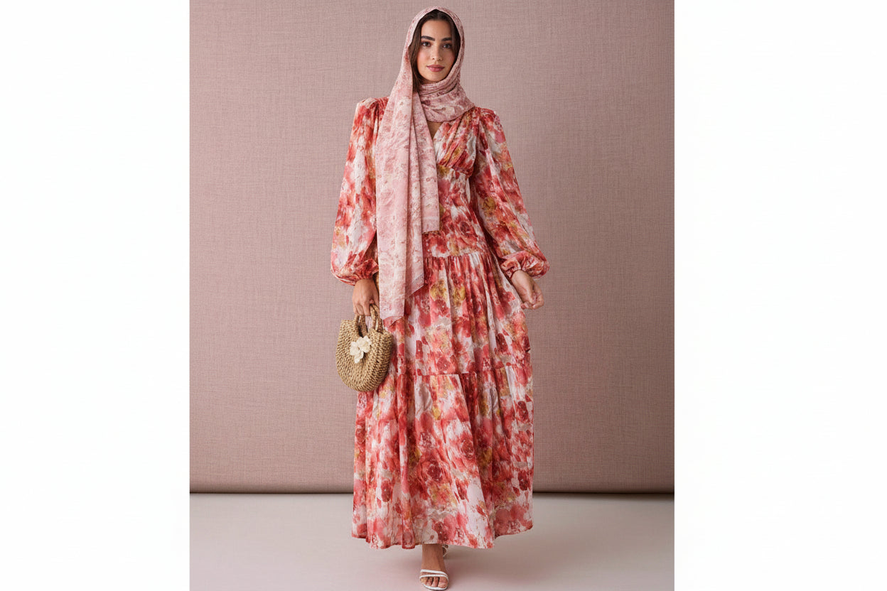 Woman wearing a floral dress against a beige background