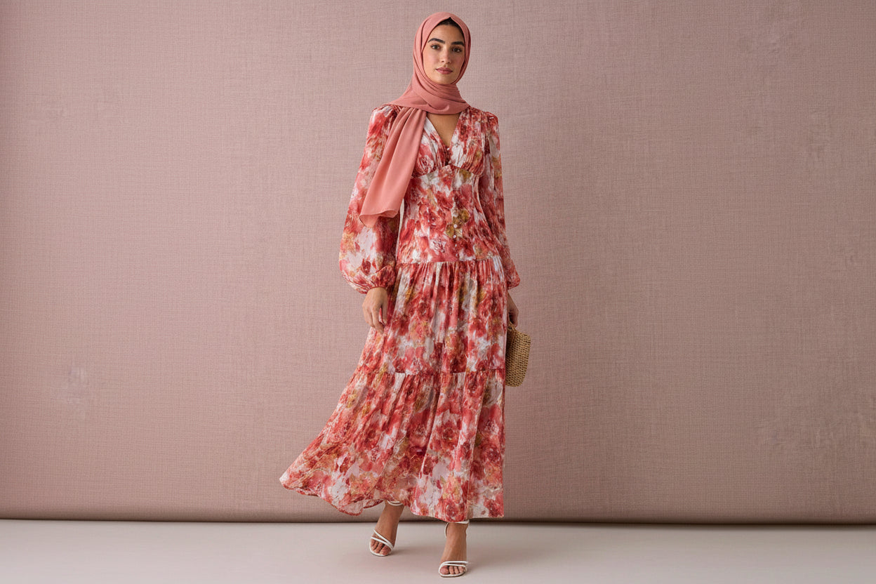 Modesta Women's Floral Print V-Neck Lantern Sleeve Ruffle Hem Elegant Dress