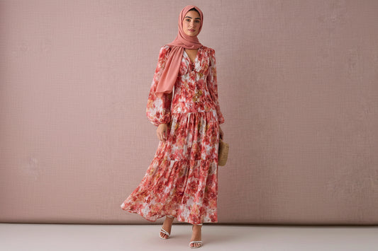 Modesta Women's Floral Print V-Neck Lantern Sleeve Ruffle Hem Elegant Dress