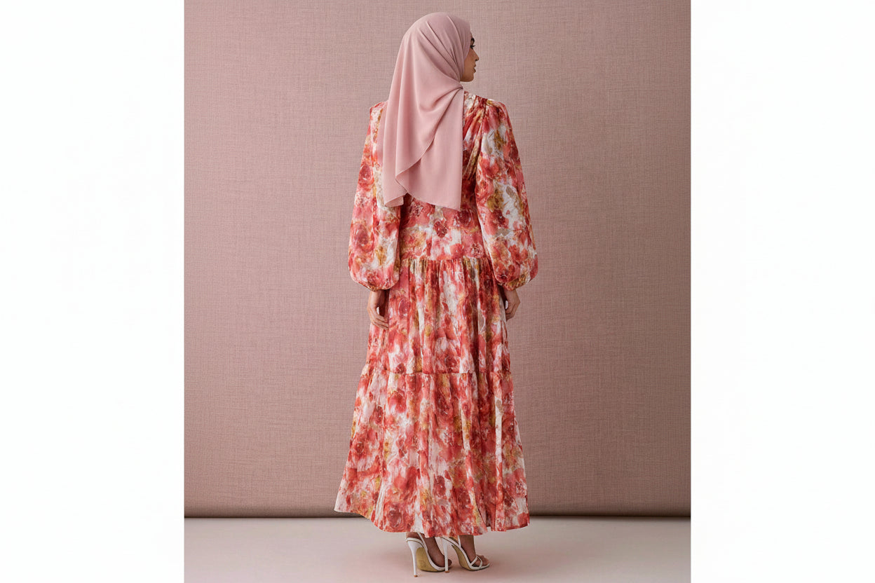 Woman wearing a floral dress with long sleeves against a beige background