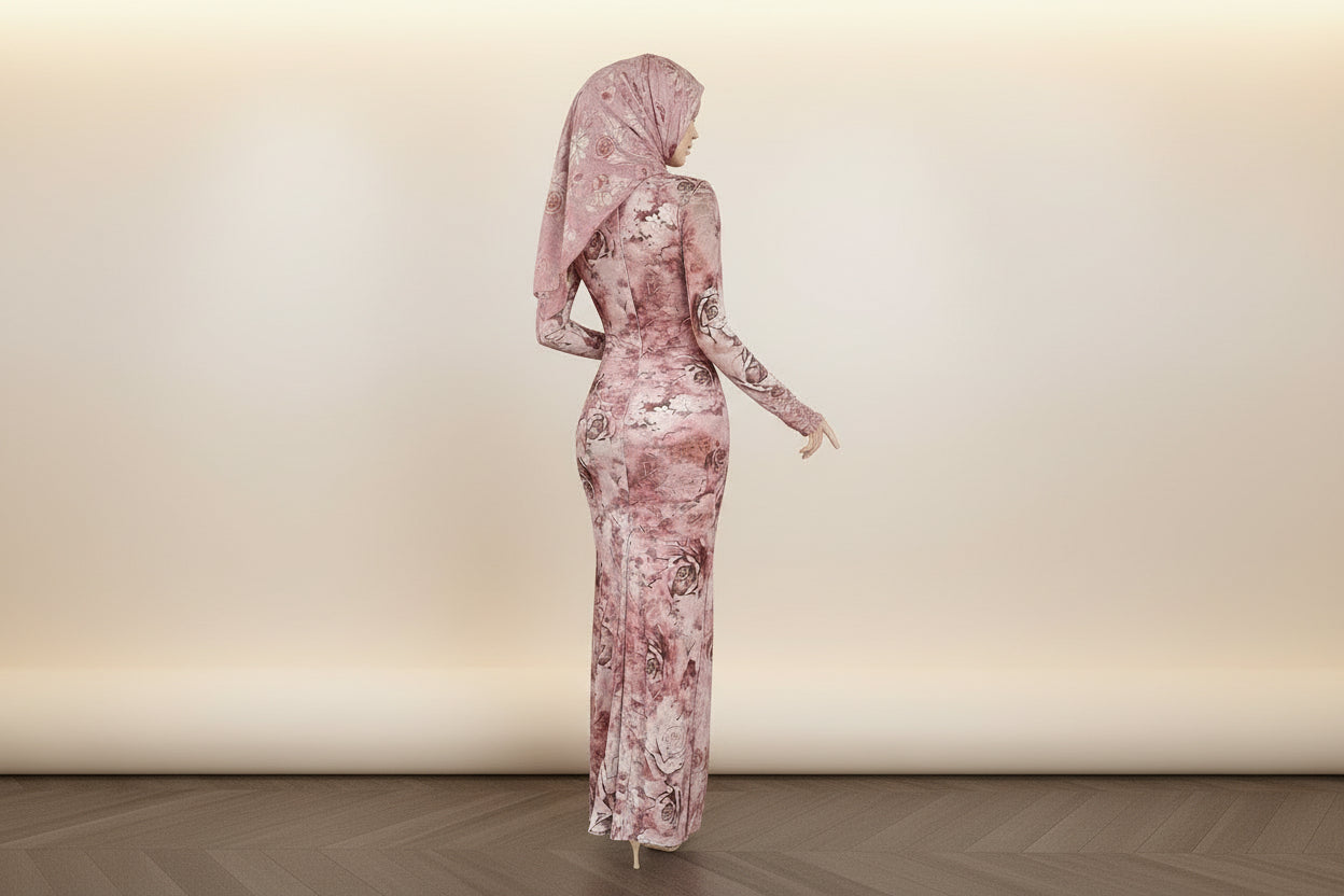 Woman wearing a pink floral dress in a room with white walls and furniture.