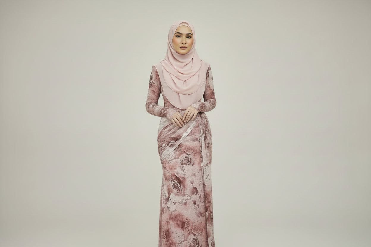 Person wearing a pink floral dress holding a phone in a room with white walls and furniture.