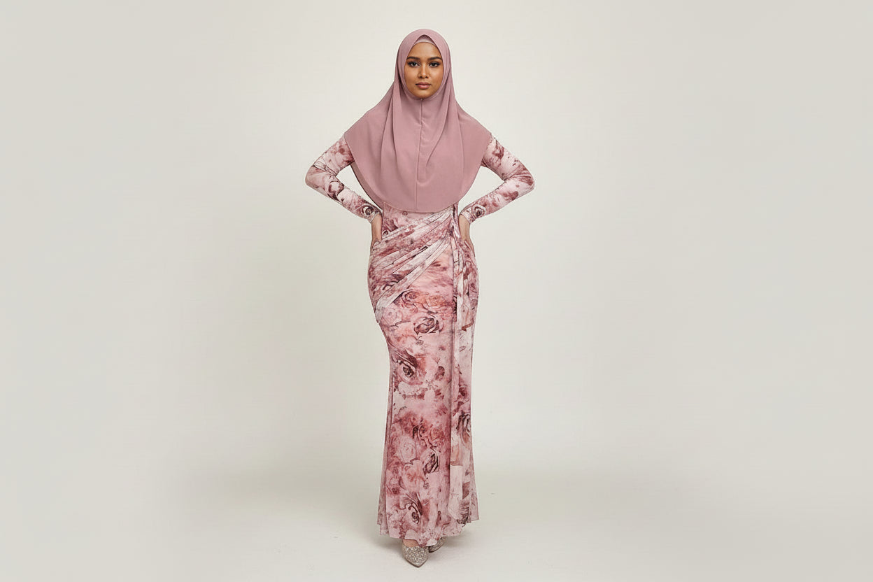 Woman wearing a pink floral dress in a kitchen setting