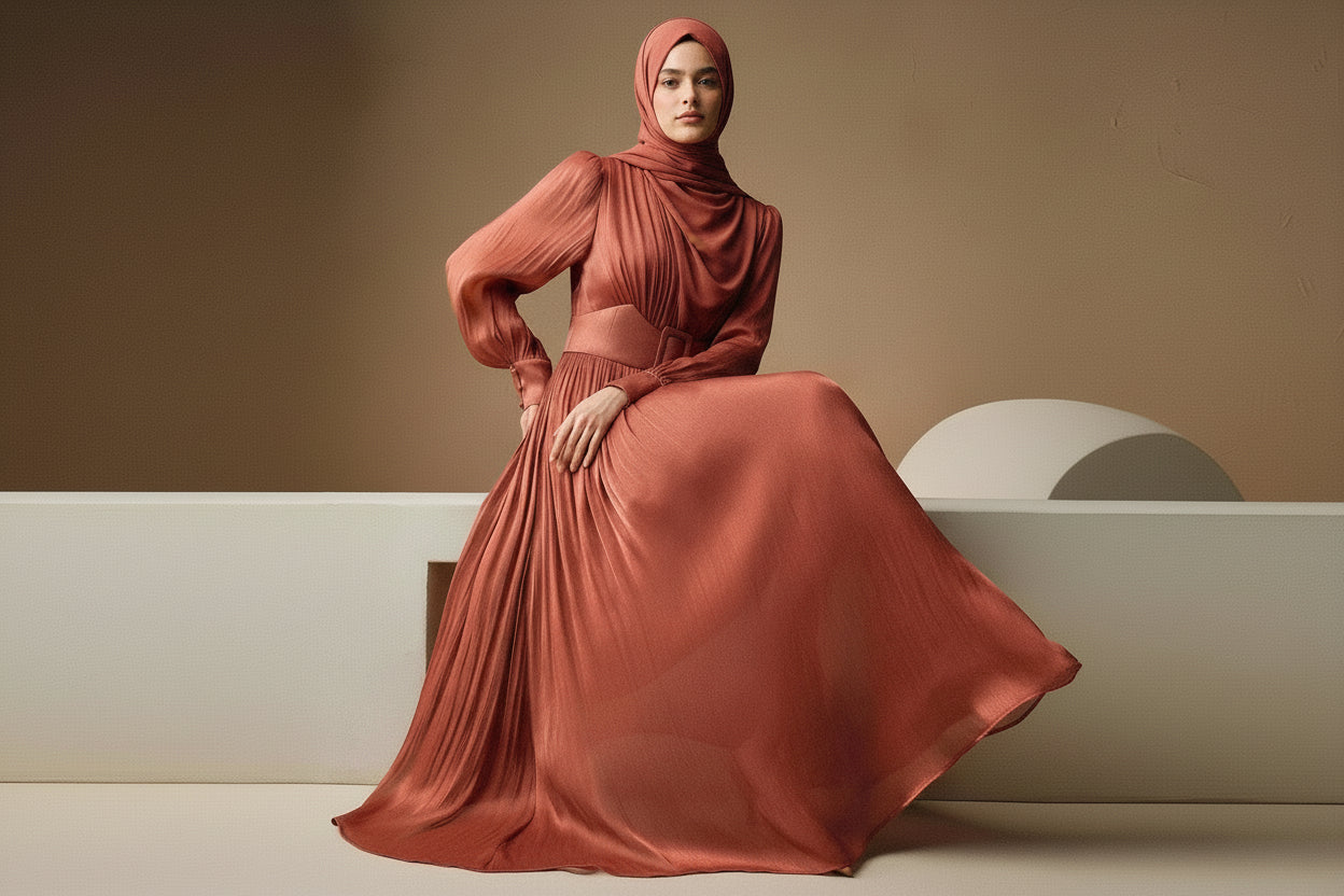 Woman in a flowing rust-colored dress sitting on a white couch against a beige wall.