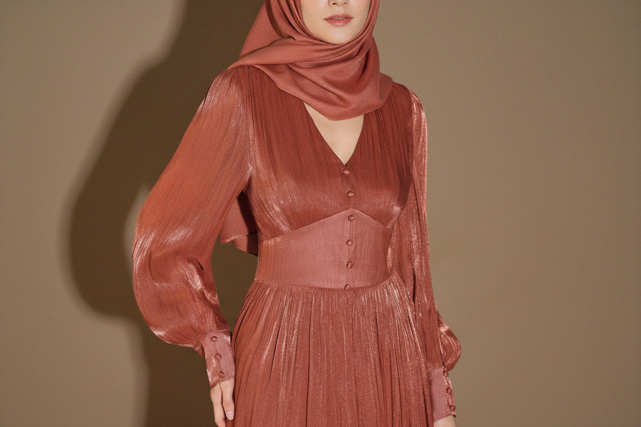 Woman wearing a rust-colored dress with long sleeves against a neutral background