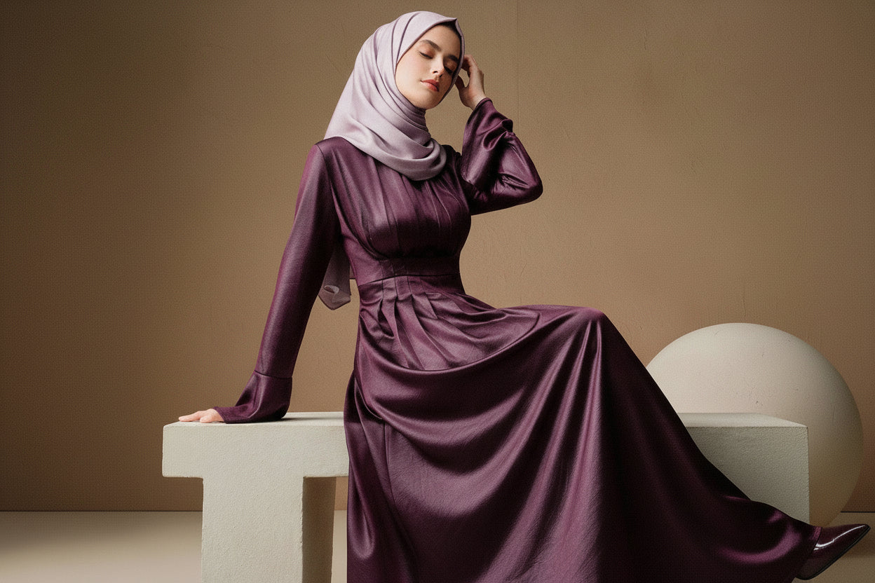 Woman in a long, dark purple dress sitting on a light-colored surface against a beige background