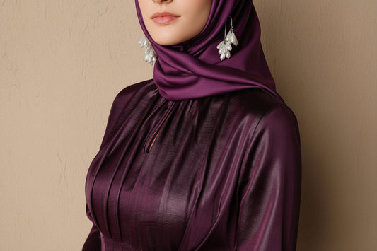 Close-up of a person wearing a dark purple blouse with floral earrings against a neutral background