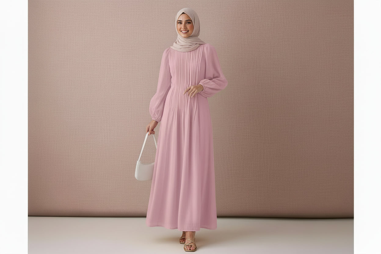 Woman wearing a pink dress against a matching background