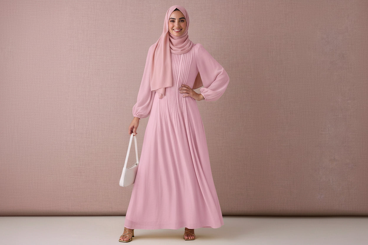 Woman wearing a pink dress holding a white bag against a beige background