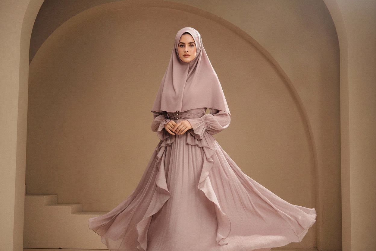 Woman in a flowing pink dress with intricate details, standing against a neutral background.