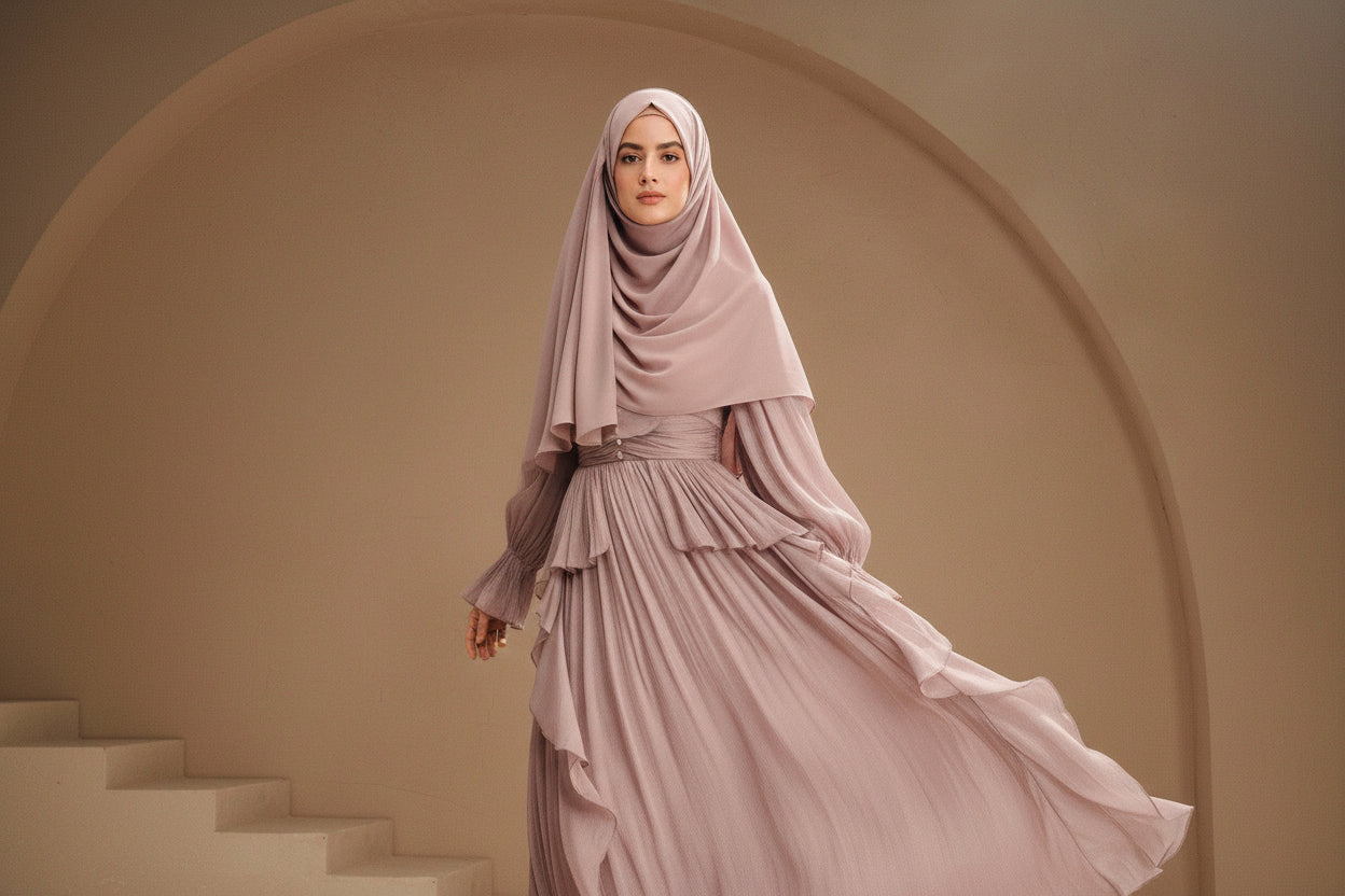 Woman in a flowing pink dress with intricate details, standing against a neutral background.