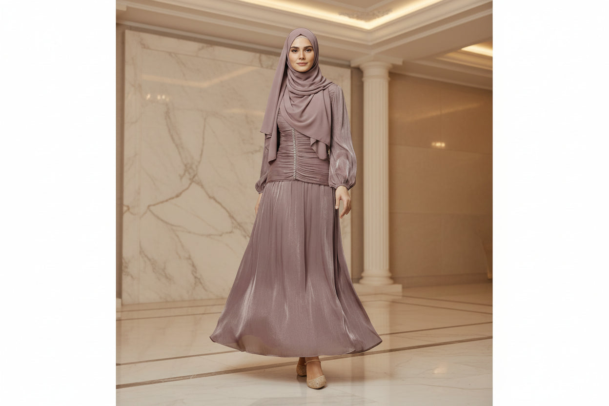 Woman wearing a mauve dress with long sleeves and a fitted bodice against a beige curtain background.