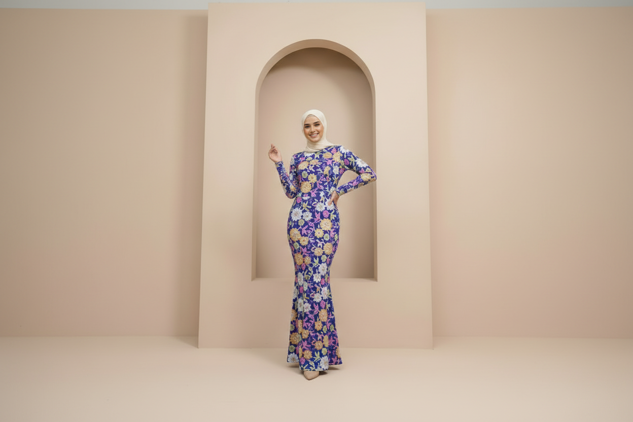 Modesta Floral Long Sleeve Evening Gown - Modest Formal Wear