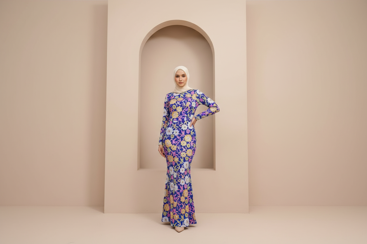 Modesta Floral Long Sleeve Evening Gown - Modest Formal Wear