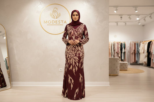 Front view of the Modesta Sequin Evening Gown featuring shimmering sequins and a floor-length silhouette.