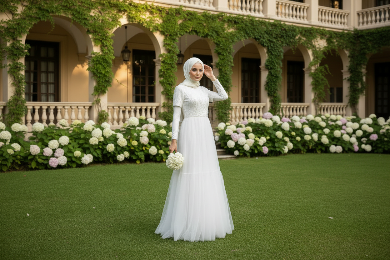 Woman in a white dress standing in front of an ivy-covered building with floral arrangements.