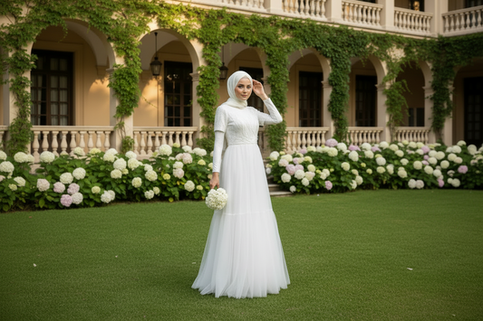 Woman in a white dress standing in front of an ivy-covered building with floral arrangements.