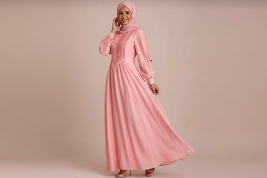 Woman wearing a pink dress against a plain background