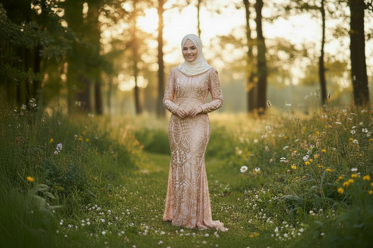 Woman wearing a long-sleeved champagne gold sequin modest gown posing in a sunlit outdoor garden setting.